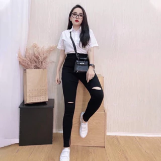 Quần Nữ Bò Giấy 1 Khuy Cạp Siêu Cao RÁCH GỐI-  Co Giãn 4 ChiềuIChất Loại 1 Giày Đẹp ISkinny jeans IBiG SIZE 35-90kgI