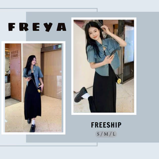 🛍 FREYA SHOP - Thời trang Sỉ 🛍Set đầm đen hai dây mix kèm áo khoác xanh Denim , váy đen dáng dài vải thun tăm mix khoác