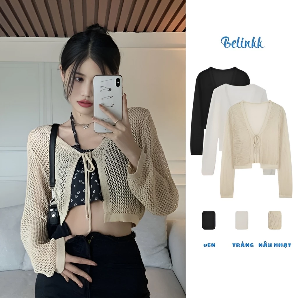 Áo khoác nữ cổ V lưới mỏng nhẹ, áo cardigan nữ chống nắng phong cách nóng bỏng AK218