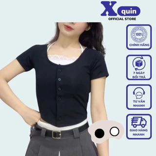 Áo croptop nữ cổ giả yếm phối áo 2 dây ren cực xinh Xquin, Áo kiểu nữ ngắn tay ôm body phối màu độc đáo