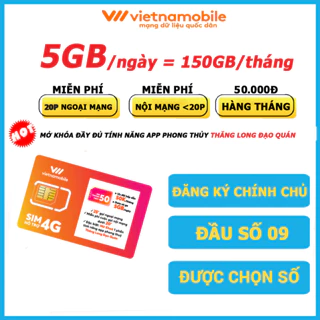 Sim 4G, Sim data Vietnamobile 5GB/ngày cước 50k/tháng, sim mạng đk chính chủ, được chọn số