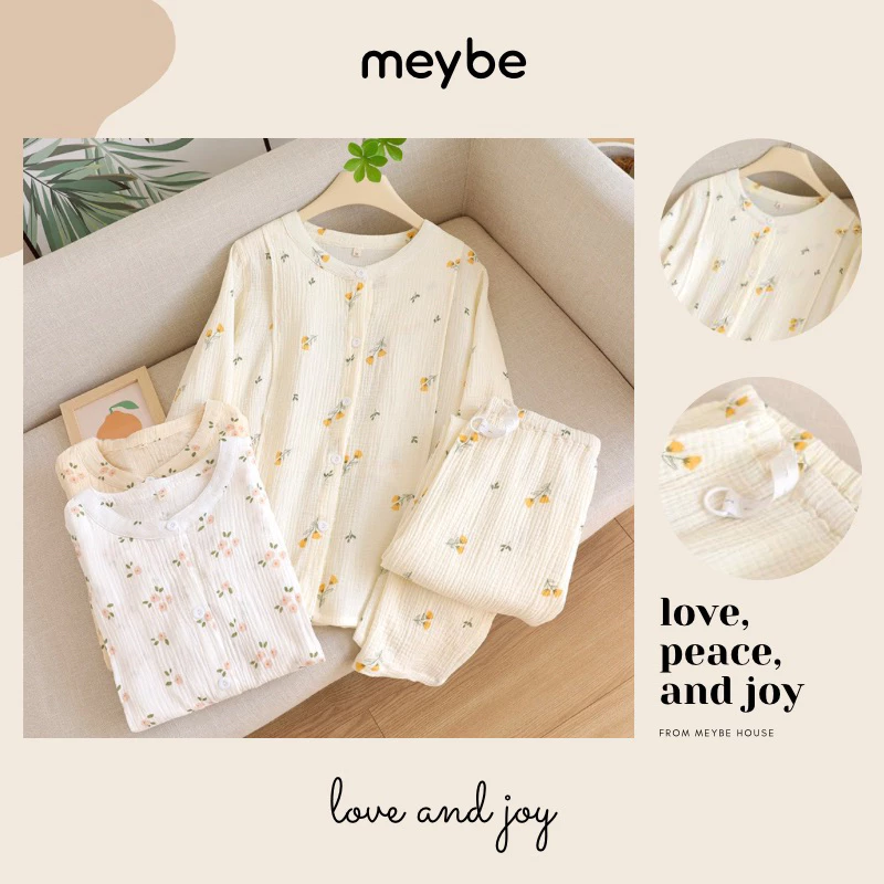 Bộ bầu sau sinh Muslin dài tay cho bé ti hoạ tiết hoa nhí Meybe