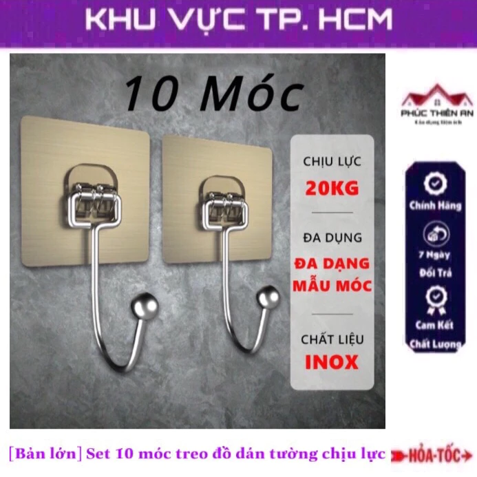 [Bản lớn] Set 10 móc treo đồ đa năng dán tường siêu dính, chịu lực tốt, chất liệu inox không gỉ