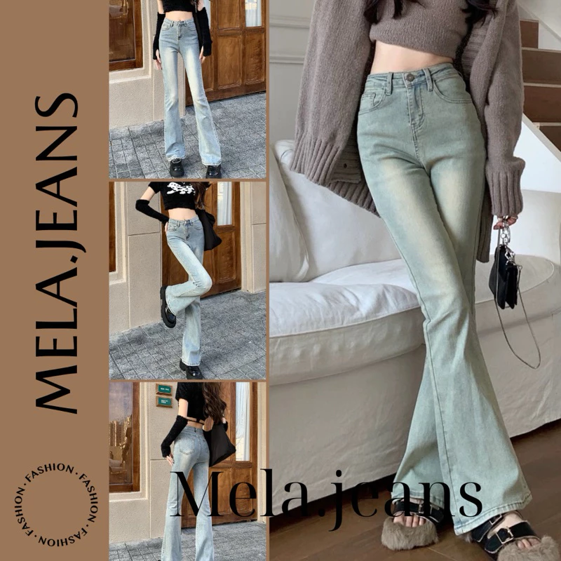 QUẦN JEANS NỮ ỐNG LOE MÀU XANH BẠC MAY GẤU HOTTREND - MELA.JEANS