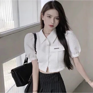 Áo Croptop Tay Ngắn Chất Xốp Tay Phồng Phối Dây Rút Cá Tính