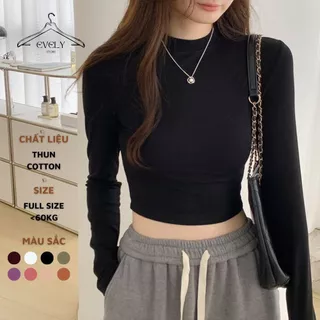 Áo croptop nữ tay dài cổ tròn vải thun coton co giãn 4 chiều kiểu basic dáng ôm body màu đen đẹp EVELY278