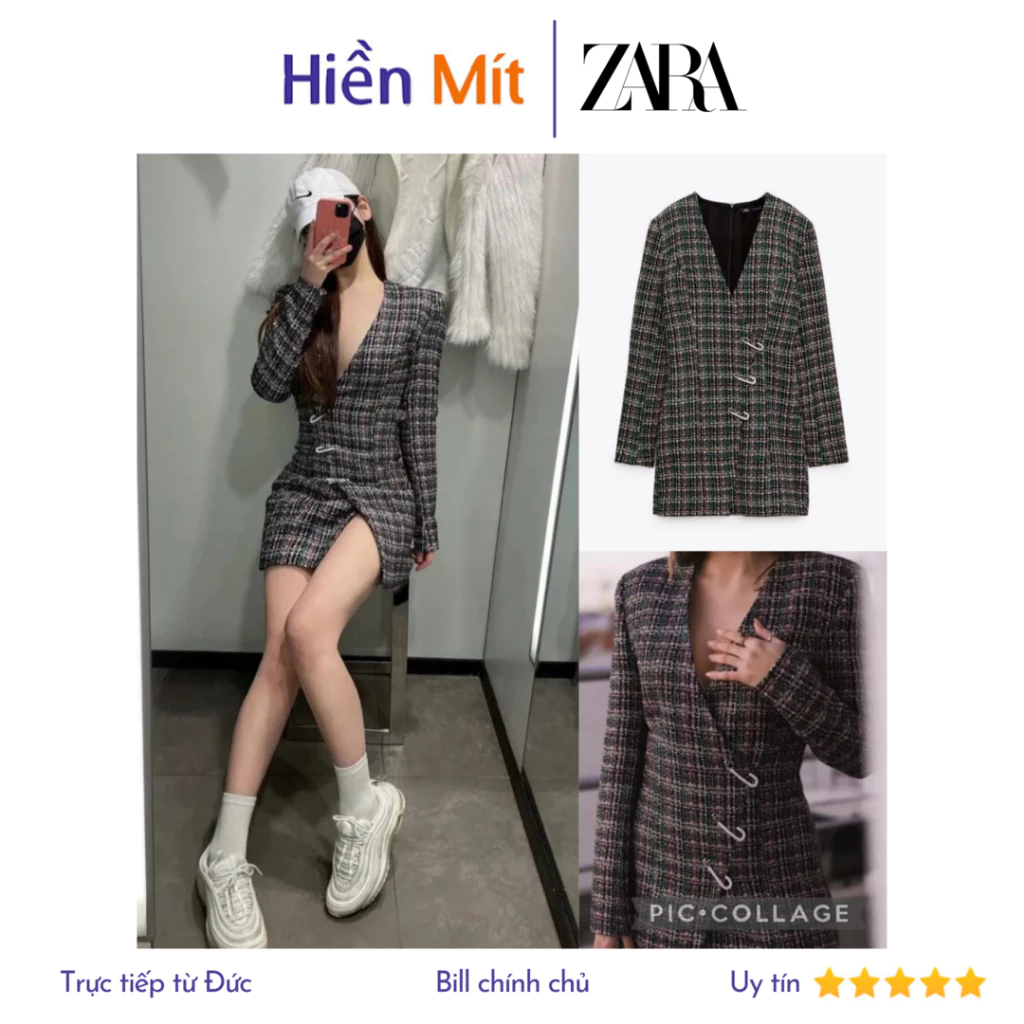 (Size XS) ZARA Đức - Đầm chính hãng auth new cao cấp sẵn sale váy 4661/330 tweed dạ nỉ vest blazer tay dài ngắn form bod