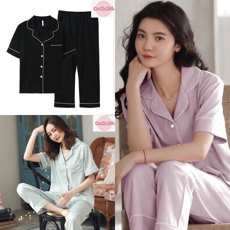 Bộ ngủ pizama lụa Xước cao cấp, bộ ngủ lụa cộc tay mềm mại