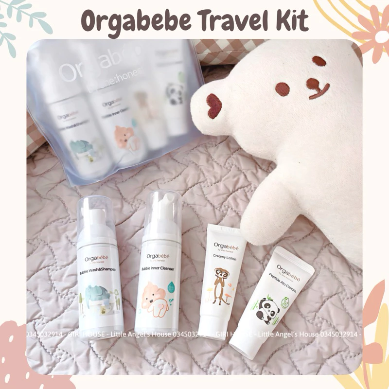 SET MINI Tắm Gội/ Bọt Vệ Sinh Thay Bỉm/ Lotion dưỡng ẩm/ Kem phục hồi da TRAVEL KIT 4 món ORGABEBE  Hàn Quốc cho bé