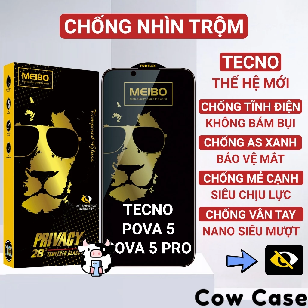 Kính cường lực Tecno Pova 5, Pova 5 Pro chống nhìn trộm full màn | Miếng dán bảo vệ màn hình cho Techno Cowcase