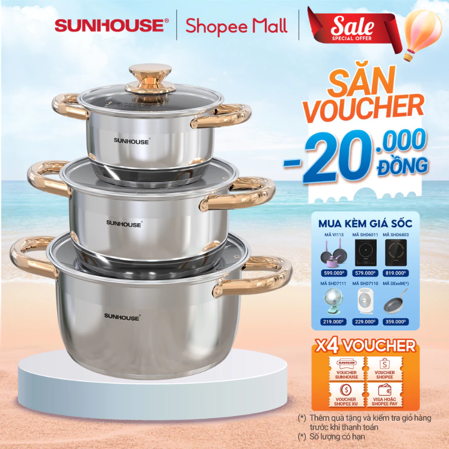 Bộ nồi inox 5 đáy từ Sunhouse SH781 size 16cm-20cm-24cm - Dùng mọi loại bếp - 5 lớp đáy, truyền nhiệt