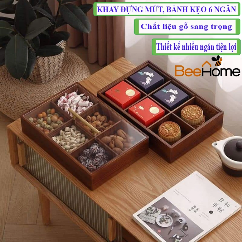 Hộp đựng mứt ,Khay Mứt, Bánh Kẹo Tết Bằng Gỗ 6 Ngăn, Có Thể Tháo Rời, Đa Năng Tiện Lợi