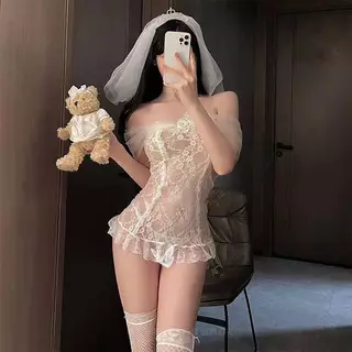 Set đồ ngủ hoá trang cosplay cô dâu váy voan ren trắng kèm phụ kiện như hình