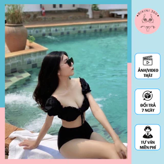 Set bikini 2 mảnh, đồ bơi đi biển áo tay phồng kèm quần nhún cạp cao giúp che được bụng, 2 màu đen trắng đủ size