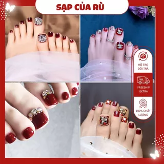 nail chân, Set 24 móng chân giả đính đá thời trang, kèm keo tự làm tại nhà