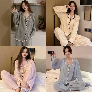 Bộ Pyjama Dài Tay Phối Viền Lượn Sóng Thời Trang, Đồ Ngủ Nữ Dáng Tiểu Thư Phong Cách Hàn Quốc <DB04>