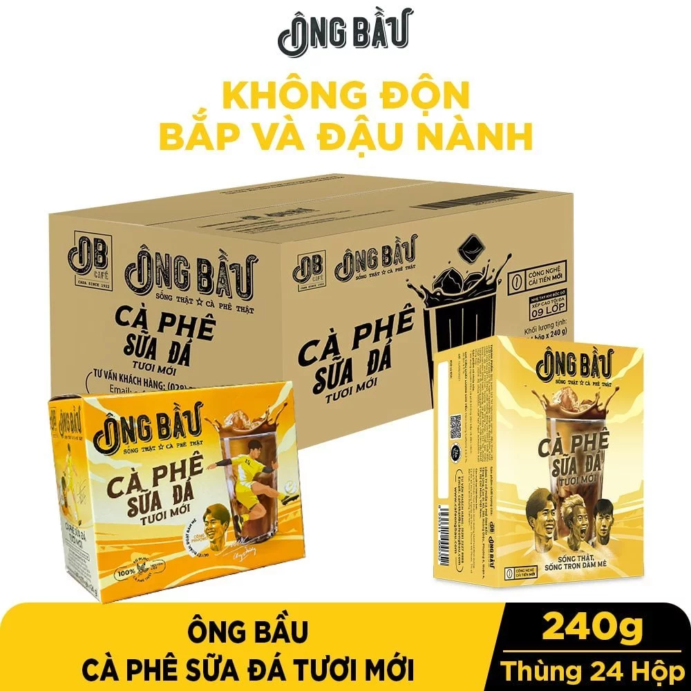 NGUYÊN THÙNG cà phê cafe sữa đá Ông Bầu (date tháng 06/2025) KHÔNG TRỘN BỘT BẮP, ĐẬU NÀNH, CAFÉ THẬT, gói 240g