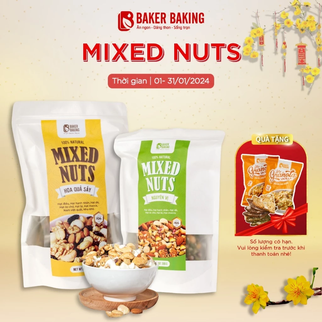 Hạt dinh dưỡng mix tổng hợp 6 loại hạt nhập khẩu, Mixed nuts Baker Baking cho người ăn kiêng, eatclean