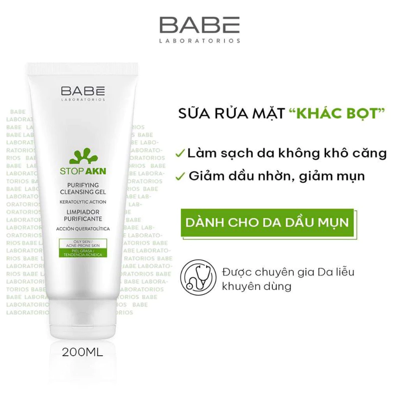 Sữa rửa mặt BABE Stop Akn Purifying Cleansing gel cho da dầu mụn 200ml