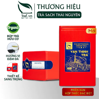 Trà Thái Nguyên , trà đinh ngọc Vạn Thịnh Trà , hộp thiếc màu đỏ 100g , thiết kế sang trọng.