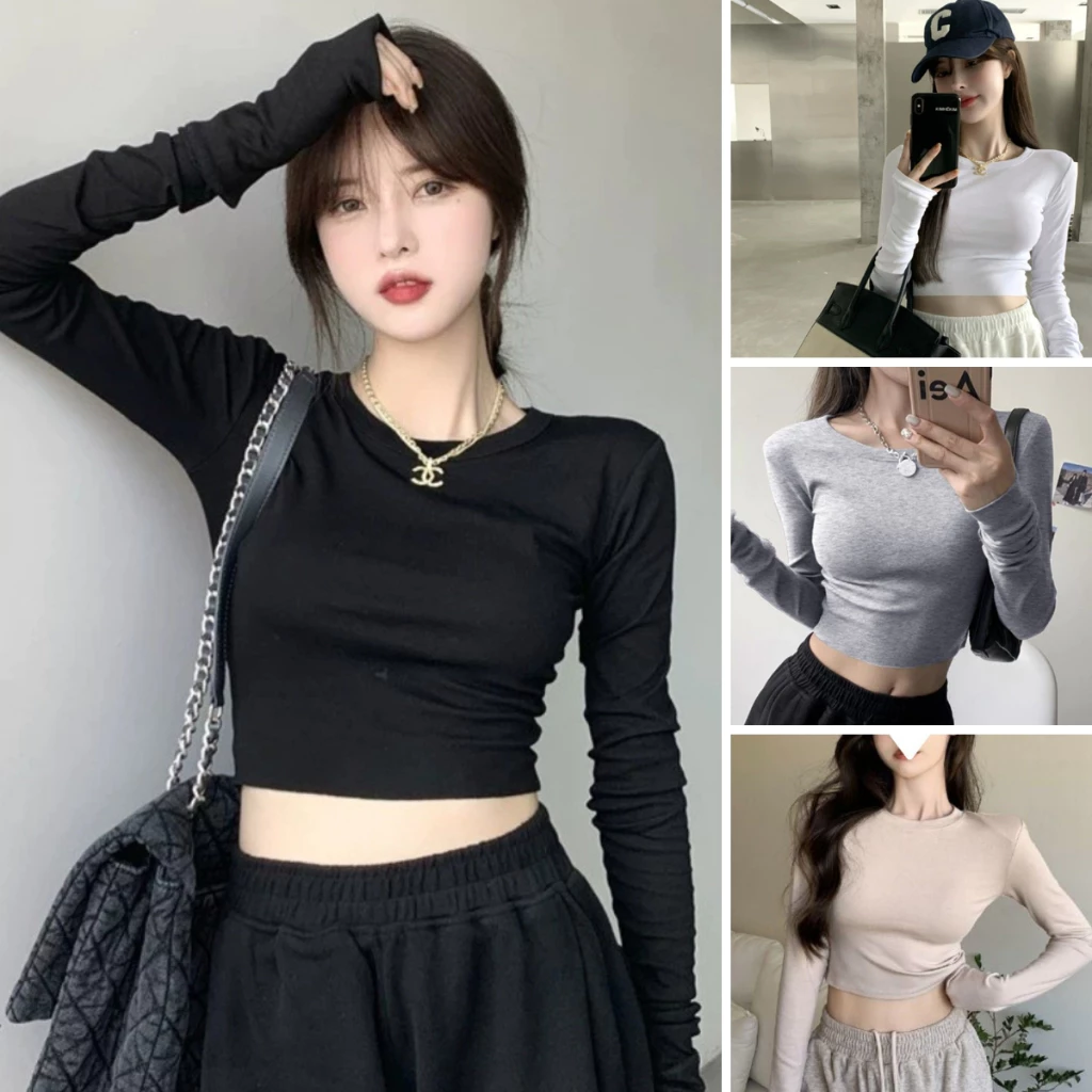 Áo thun croptop ôm body cổ tròn, áo croptop nữ dài tay chất thun gân co dãn tốt form xinh VIETSTAR