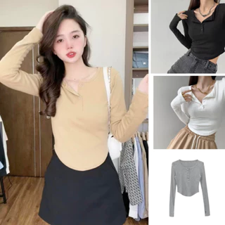 Áo Thun VẠT BẦU Dài Tay Phối Khuy Croptop Xỏ Ngón, Áo Nữ Cổ Tròn Ôm Body Phong Cách Hàn Quốc Hottrend VIETSTAR