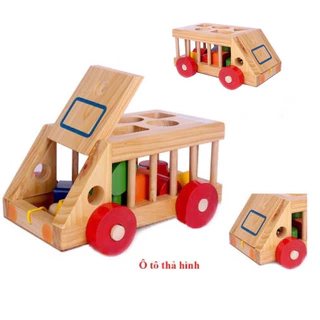 Đồ chơi ô tô thả thả hình, xe cũi thả hình khối bằng gỗ, đồ chơi xe kéo học hình khối trí tuệ cho bé