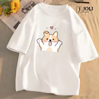 Áo Thun Nữ, Áo Phông Nam Nữ Unisex Tay Lỡ By JOLI Mã TN Chó Corgi In Hình Chất Cotton Form Rộng Phong Cách Ulzzang