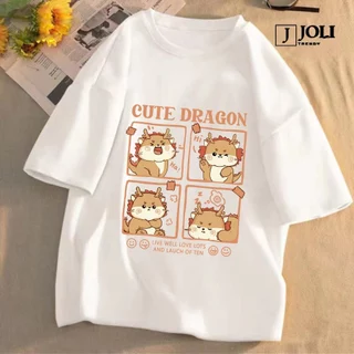 Áo Thun Nữ, Áo Phông Nam Nữ Unisex Tay Lỡ By JOLI Mã TN Cute Dragon In Hình Chất Cotton Form Rộng Phong Cách Ulzzang