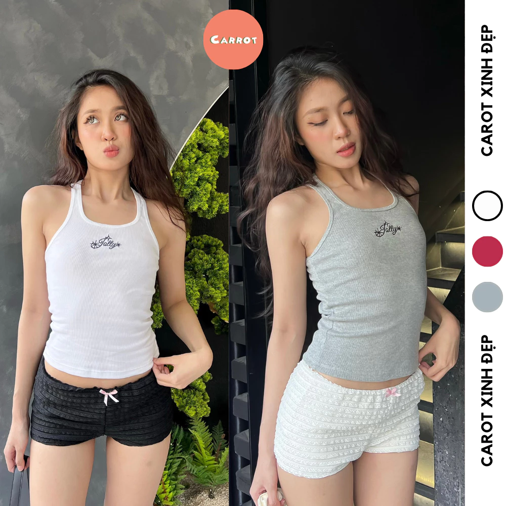 Áo Tank Top Cổ Đáy Cong Thêu Chữ Cực Xinh 3 Màu Trắng Xám Đỏ, Thời Trang Mặc Chơi Tết, Đi Chơi Dễ Thương |Carrotxinhdepp