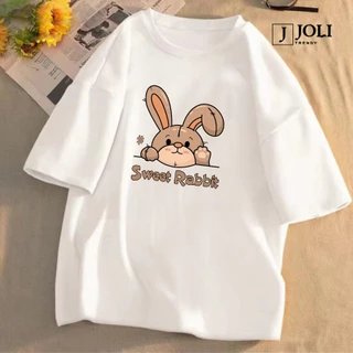 Áo Thun Nữ, Áo Phông Nam Nữ Unisex Tay Lỡ By JOLI Mã TN Sweet Rabbit In Hình Chất Cotton Form Rộng Phong Cách Ulzzang