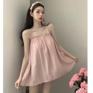 Áo hai dây vải đũi mát phối nhún ngực dễ thương kiểu dáng rộng babydoll trẻ trung deliz ChouChou