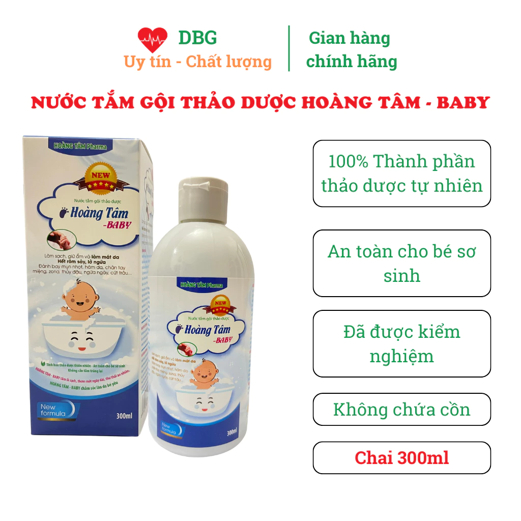 Nước tắm thảo dược dùng cho trẻ sơ sinh Hoàng Tâm Baby Chai 300ml sạch rôm, mẩn ngứa, hăm da, mụn nhọt, chốc đầu