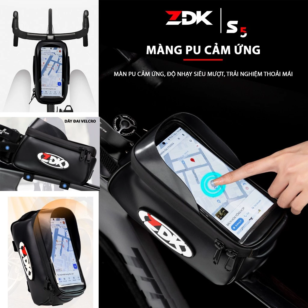 ZDK S5-Túi gắn sườn xe đạp thể thao đựng đồ dùng, có ngăn cảm ứng điện thoại, vải da simili kháng nước cao cấp