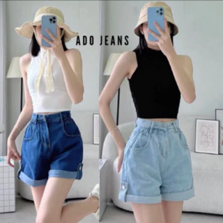 Quần short jean gập gối 🎀🎀🎀 Quần jean nữ lưng cao, eo nhún thun lai bách nút xinh xắn