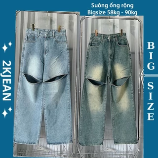 Quần ống suông rộng rách jean nữ Bigsize 58kg-90kg, kiểu rách đùi, quần bò nữ ống rộng dáng xuông MS213 2KJeans