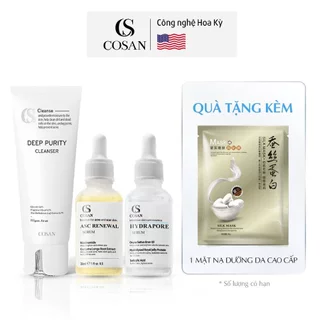 Bộ 3 sản phẩm xóa mụn, mờ sẹo rỗ Cosan gồm Serum ASC Renewal + Serum dưỡng phục hồi + Sữa rửa mặt (Tặng mặt nạ dưỡng da)