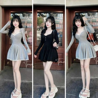 Đầm Tay Dài Cổ Vuông Gài Nút Viền Ren - Ngắn Xòe Ôm Body Sexy Basic - Tiểu Thư Bánh Bèo Cute Sang Chảnh Đi Chơi Tiệc