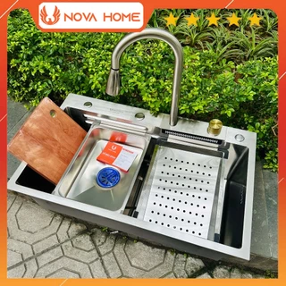 Chậu Rửa Bát 1 Hố Cao Cấp Inox 304 Vòi Rút Thác Nước, Bồn Rửa Chén 1 Ngăn Lớn Inox SUS304 đầy đủ Combo.