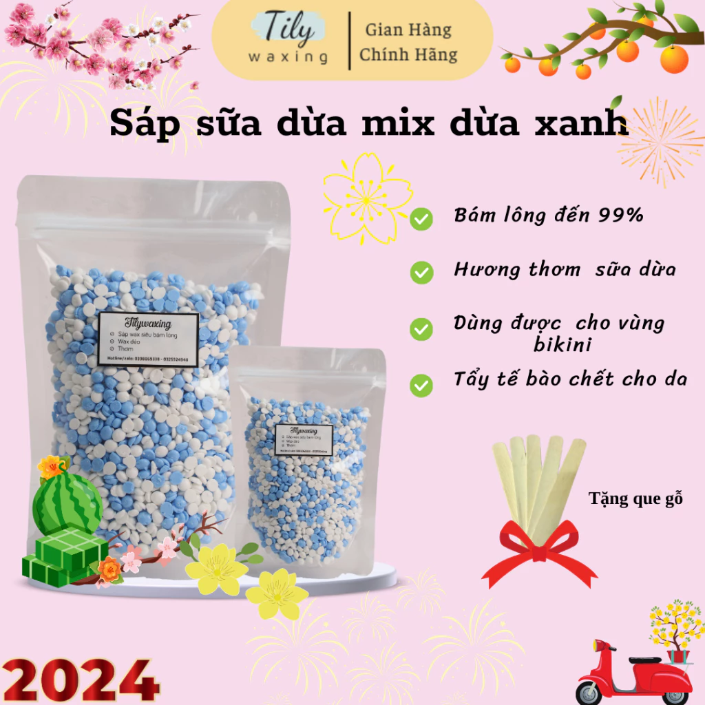 Sáp Wax Lông Sữa Dừa Mix Dừa Xanh Siêu Bám Lông , Chuyên Wax Bikini Vùng Da Nhạy Cảm Tặng Que Gỗ