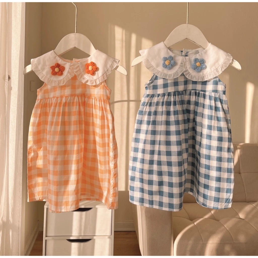 VKT-Váy xoè vải cotton cổ tròn đính hoa len xinh xắn