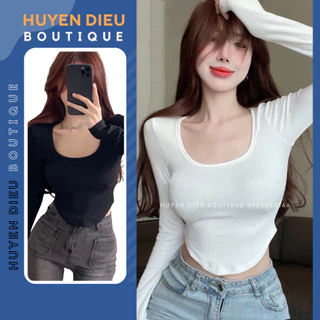 Áo croptop ôm body nữ tay dài cổ tròn vạt bầu chất liệu thun co giãn siêu tôn dáng dễ phối đồ - Huyền Diệu Boutique