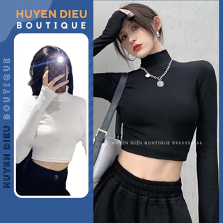 Áo croptop nữ cổ lọ tay dài, áo thun cổ cao thiết kế siêu trẻ trung năng động cá tính - Huyền Diệu Boutique