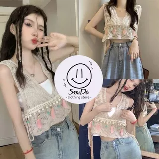 Áo Ren Sát Nách Đan Móc Dệt Kim Croptop Nữ Đính Bông Lông Cổ Xẻ V Phong Cách Boho Xinh Xắn | Smide Clothing