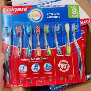 [US]Bàn chải đánh răng Colgate Total Whitening Medium Whole Mouth Clean Lốc 8 cây hàng Mỹ