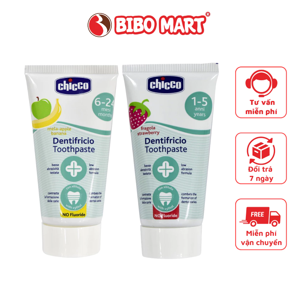 Kem Đánh Răng Chicco Hương Dâu Hương Chuối Táo Không Cay Có Thể Nuốt Được Dành Cho Bé 6-12 Tháng - Bibo Mart