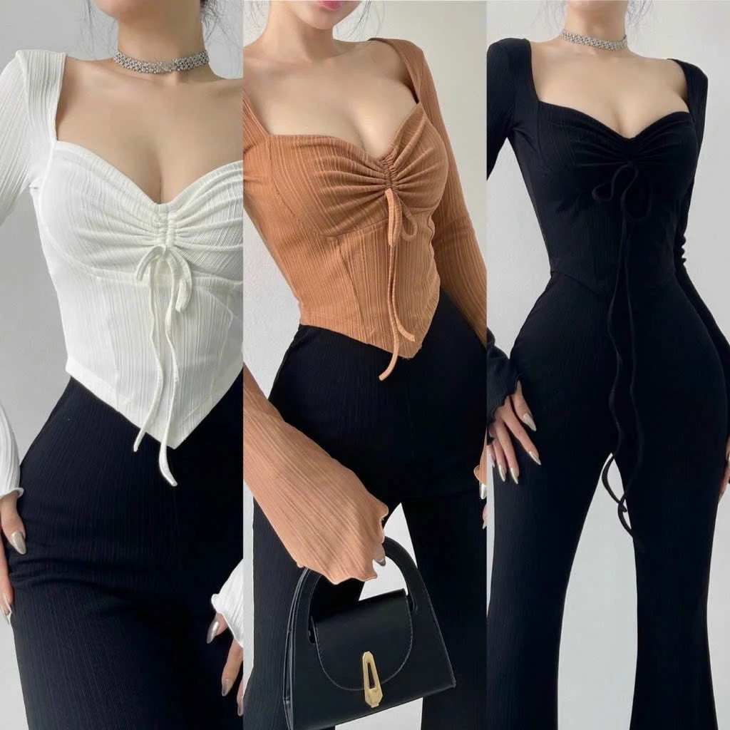 Áo Croptop Vạt Nhọn Có Dây Rút Ngực Tay Dài Ống Bát Shop Tiến Linh