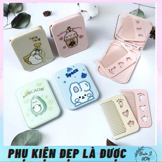 Gương trang điểm mini kèm lược , nhỏ gọn bỏ túi, thiết kế họa tiết hoạt hình dể thương, hộp gương gấp gọn tiện lợi