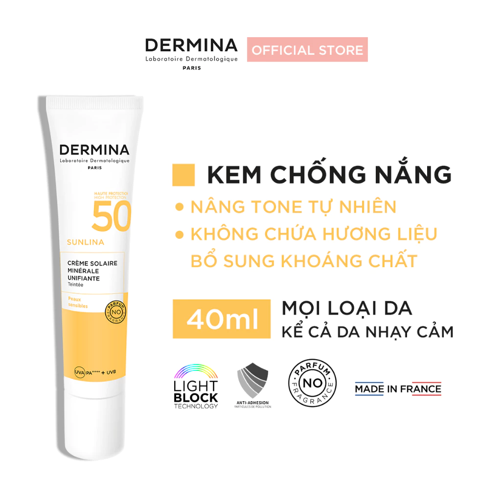 Kem Chống Nắng Có Màu Nâng Tone Đều Màu Da Dermina Sunlina Unifying Mineral Sun Cream SPF50+ PA++++ 40ml