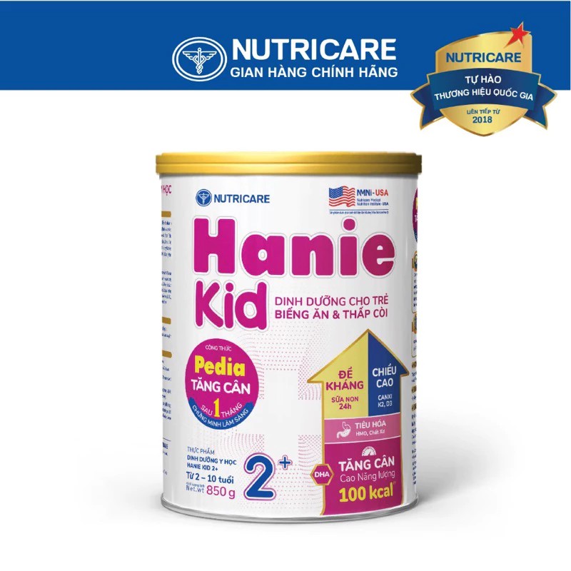 Sữa bột Nutricare Hanie kid 2+ Pedia cho trẻ biếng ăn và thấp còi 850gam